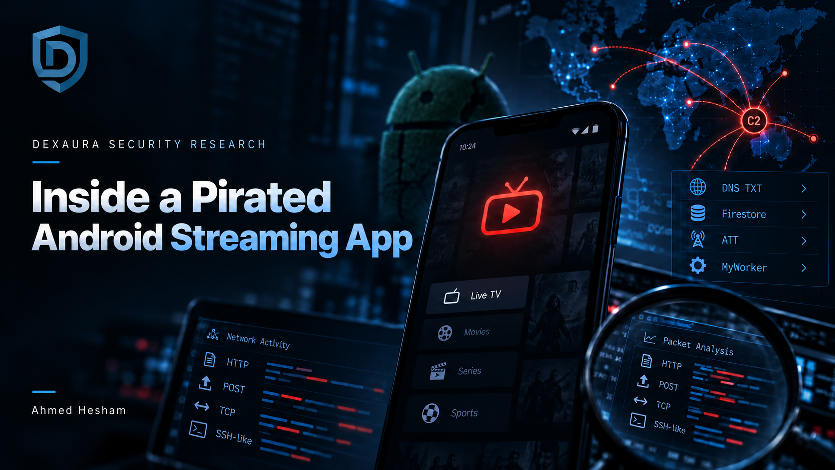 Inside a pirated streaming app: Dexaura security research banner showing an Android phone and network analysis visualizations