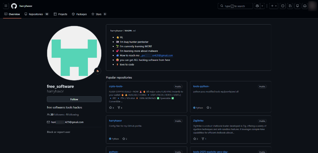 GitHub Profile harryhaxor displaying operational emails and repos