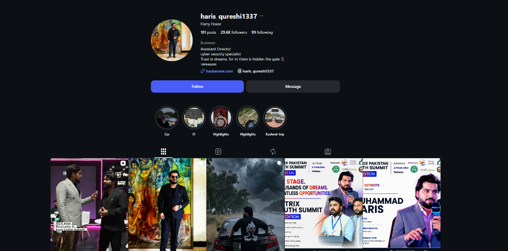 Instagram Profile of haris_qureshi1337 showing ITCN Asia and Keynote Speaker banners