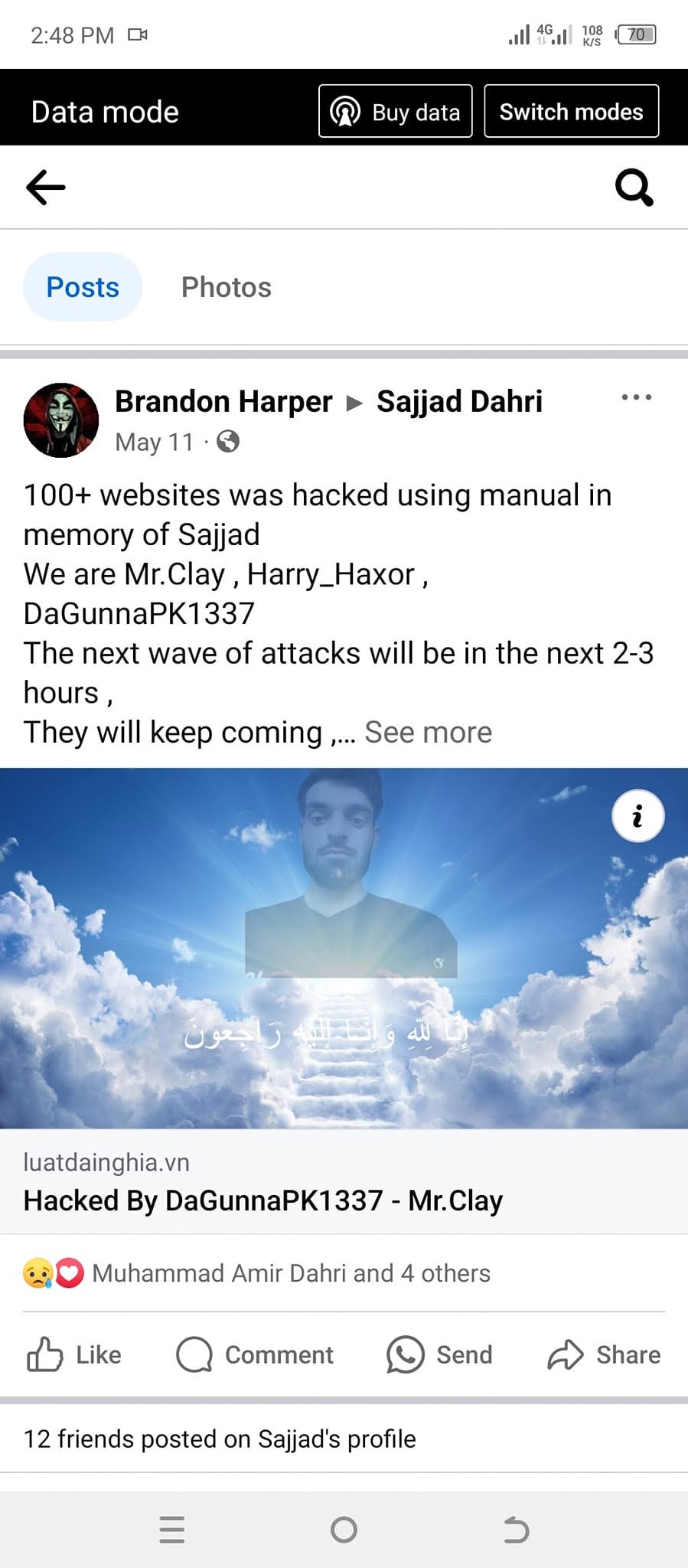 Facebook Timeline Memorial Post by Sockpuppet Brandon Harper