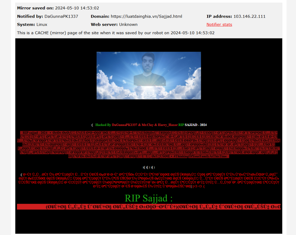 Zone-H Mirror Cache of luatdainghia.vn defacement in memory of Sajjad Dahri